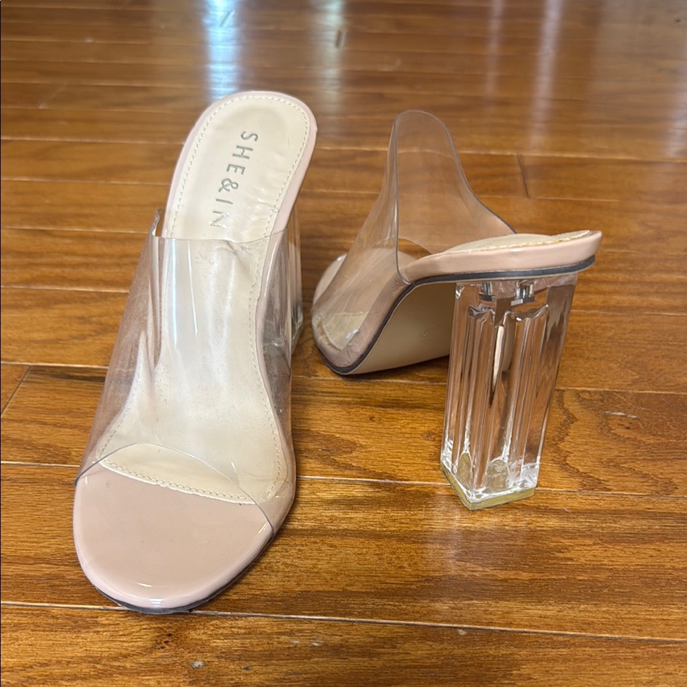 SHEIN Cream and Tan Mules with Clear Block Heel